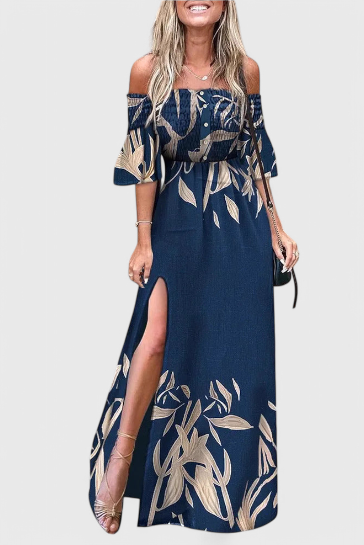 ALONDRA | Vestido maxi floral con hombros descubiertos