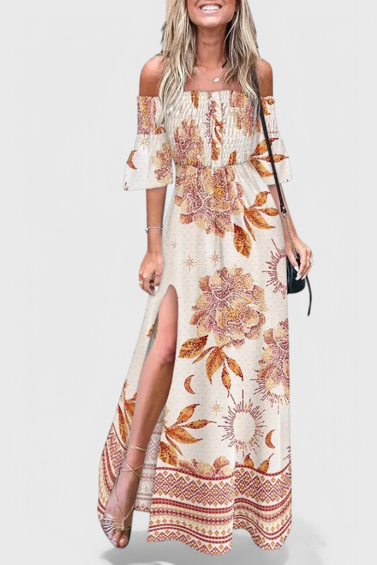 ALONDRA | Vestido maxi floral con hombros descubiertos